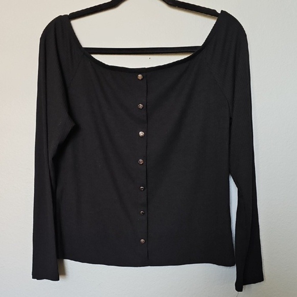 Ambiance Long Sleeve Ribbed Stretch Fitted Faux Button Front Wide Neck Top Large